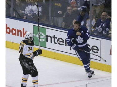 Toronto Maple Leafs defenseman Morgan Rielly (44) and Boston Bruins left wing Jake DeBrusk (74)on Sunday April 21, 2019 in Toronto. The Toronto Maple Leafs hosted the Boston Bruins in Game 6 of the best-of-7 Eastern Conference First Round at Scotiabank Arena Veronica Henri/Toronto Sun/Postmedia Network
