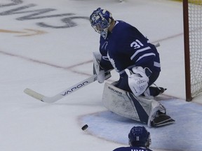 Toronto Maple Leafs goaltender Frederik Andersen on Sunday April 21, 2019 in Toronto. The Toronto Maple Leafs hosted the Boston Bruins in Game 6 of the best-of-7 Eastern Conference First Round at Scotiabank Arena.