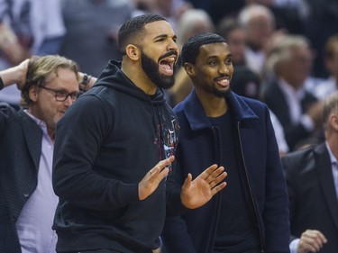Drake watches the Toronto Raptors take on the Philadelphia 76ers during 1st half action at the Eastern Conference Semifinals at the Scotiabank Arena in in Toronto, Ont. on Monday April 29, 2019. Ernest Doroszuk/Toronto Sun/Postmedia
