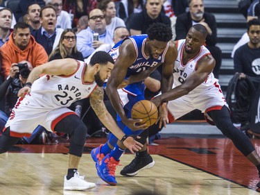 Toronto Raptors Fred VanVleet (left) with Serge Ibaka against the Philadelphia 76ers during 1st half action at the Eastern Conference Semifinals at the Scotiabank Arena in in Toronto, Ont. on Monday April 29, 2019. Ernest Doroszuk/Toronto Sun/Postmedia