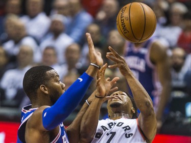 Toronto Raptors Kyle Lowry and Philadelphia 76ers Greg Monroe during 1st half action at the Eastern Conference Semifinals at the Scotiabank Arena in in Toronto, Ont. on Monday April 29, 2019. Ernest Doroszuk/Toronto Sun/Postmedia