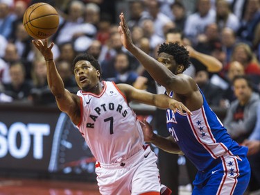 Toronto Raptors Kyle Lowry and Philadelphia 76ers Joel Embiid during 1st half action at the Eastern Conference Semifinals at the Scotiabank Arena in in Toronto, Ont. on Monday April 29, 2019. Ernest Doroszuk/Toronto Sun/Postmedia