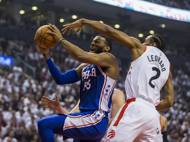 Toronto Raptors Kawhi Leonard and Philadelphia 76ers Greg Monroe during 1st half action at the Eastern Conference Semifinals at the Scotiabank Arena in in Toronto, Ont. on Monday April 29, 2019. Ernest Doroszuk/Toronto Sun/Postmedia