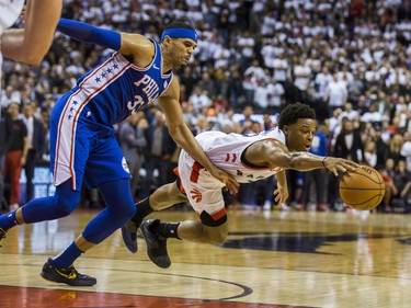 Toronto Raptors Kyle Lowry and Philadelphia 76ers Tobias Harris during 2nd half action at the Eastern Conference Semifinals at the Scotiabank Arena in in Toronto, Ont. on Monday April 29, 2019. Ernest Doroszuk/Toronto Sun/Postmedia