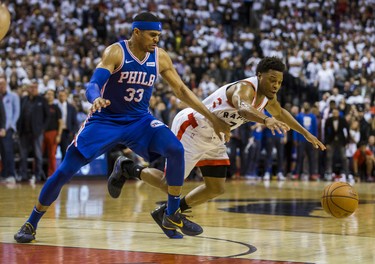 Toronto Raptors Kyle Lowry and Philadelphia 76ers Tobias Harris during 2nd half action at the Eastern Conference Semifinals at the Scotiabank Arena in in Toronto, Ont. on Monday April 29, 2019. Ernest Doroszuk/Toronto Sun/Postmedia