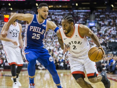 Toronto Raptors Kawhi Leonard and Philadelphia 76ers Ben Simmons during 2nd half action at the Eastern Conference Semifinals at the Scotiabank Arena in in Toronto, Ont. on Monday April 29, 2019. Ernest Doroszuk/Toronto Sun/Postmedia