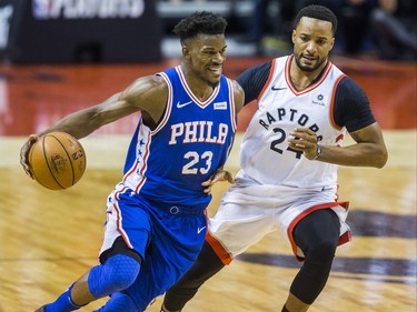 Toronto Raptors Norman Powell during 2nd half action at the Eastern Conference Semifinals against Philadelphia 76ers Jimmy Butler at the Scotiabank Arena in in Toronto, Ont. on Monday April 29, 2019. Ernest Doroszuk/Toronto Sun/Postmedia