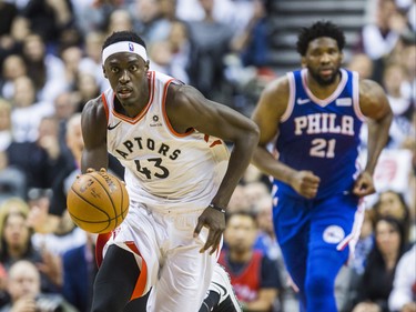 Toronto Raptors Pascal Siakam during 2nd half action at the Eastern Conference Semifinals against Philadelphia 76ers Joel Embiid at the Scotiabank Arena in in Toronto, Ont. on Monday April 29, 2019. Ernest Doroszuk/Toronto Sun/Postmedia