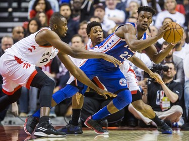Toronto Raptors Serge Ibaka (from left) and Kyle Lowry during 2nd half action at the Eastern Conference Semifinals against Philadelphia 76ers Jimmy Butler at the Scotiabank Arena in in Toronto, Ont. on Monday April 29, 2019. Ernest Doroszuk/Toronto Sun/Postmedia
