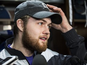 Maple Leafs forward William Nylander answers questions from media at a year end availability in Toronto on Thursday, April 25, 2019.