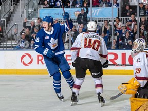 Toronto Marlies’ Egor Korshkov celebrates a goal against the Erie Monsters during last night’s OT win. (TORONTO MARLIES PHOTO)