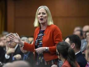 Minister of Environment and Climate Change Catherine McKenna rises during Question Period in the House of Commons on Parliament Hill in Ottawa on Thursday, May 16, 2019.