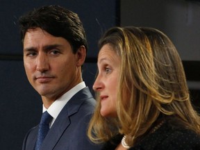 Canada's Prime Minister Justin Trudeau and Minister of Foreign Affairs Chrystia Freeland speak at a press conference to announce the new USMCA trade pact between Canada, the United States, and Mexico in Ottawa, October 1, 2018.