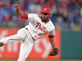 Hector Neris of the Phillies follows through on a pitch in the ninth inning against the Washington Nationals at Citizens Bank Park on May 3, 2019 in Philadelphia. (Photo by Drew Hallowell/Getty Images)