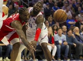 Kawhi Leonard #2 of the Toronto Raptors passes the ball against James Ennis III #11 of the Philadelphia 76ers in the second quarter of Game Six of the Eastern Conference Semifinals at the Wells Fargo Center on May 9, 2019 in Philadelphia. (Photo by Mitchell Leff/Getty Images)