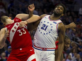 76ers’ Joel Embiid commits a flagrant foul on Raptors’ Marc Gasol in Game 6. If Embiid gets one more flagrant foul, he will be suspended for one game.  Getty Images