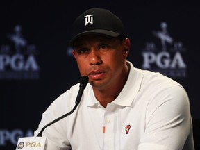 Tiger Woods speaks to the media during a press conference prior to the 2019 PGA Championship at the Bethpage Black course on May 14, 2019 in Bethpage, New York. (Photo by Mike Ehrmann/Getty Images)