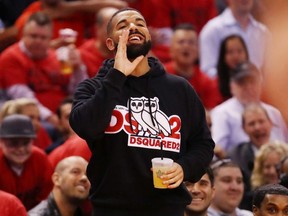 Rapper Drake attends game four of the NBA Eastern Conference Finals between the Milwaukee Bucks and the Toronto Raptors at Scotiabank Arena on May 21, 2019 in Toronto (Photo by Gregory Shamus/Getty Images)