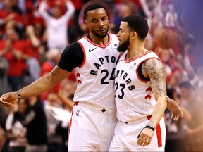 Norman Powell (left) and Fred VanVleet came off the Raptors bench to make significant, and much-needed, contributions in Tuesday’s Game 4 win over the Bucks.  Getty Images