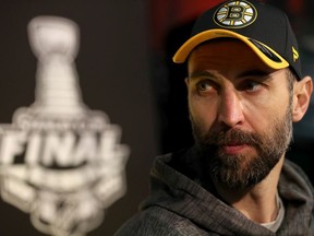 Zdeno Chara of the Boston Bruins speaks during Media Day ahead of the 2019 NHL Stanley Cup Final at TD Garden on May 26, 2019 in Boston, Massachusetts.