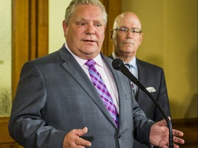 Ontario Premier Doug Ford and Minister of Municipal Affairs and Housing Steve Clark, address media outside of the Premier's office at Queen's Park in Toronto, Ont. on Monday May 27, 2019. (Ernest Doroszuk, Toronto Sun)