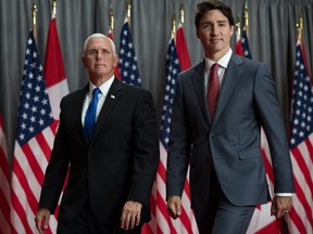 Prime Minister Justin Trudeau and U.S. Vice-President Mike Pence leave a joint news conference in Ottawa on May 30, 2019. (The Canadian Press)
