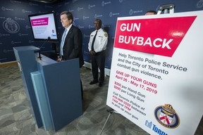 Toronto Mayor John Tory and Police Chief Mark Saunders announced a new gun buyback program on April 26, 2019. (Craig Robertson, Toronto Sun)