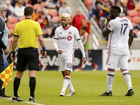 Toronto FC midfielder Alejandro Pozuelo walks off the field after receiving a red card against Real Salt Lake on Saturday. (AP PHOTO)