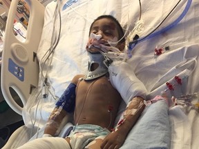 Radi Chowdhury, 4, is seen recovering at the Hospital for Sick Children after being hit by a motorcycle on Sunday, May 26, 2019. (GoFundMe)