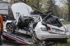A white Mercedes is seen after three teens were extricated from the car following a deadly crash on Brimley Rd. in Scarborough early May 10, 2019. (Craig Robertson/Toronto Sun)