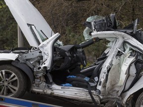 A white Mercedes is seen after three teens were extricated from the car following a deadly crash on Brimley Rd. in Scarborough early May 10, 2019. (Craig Robertson/Toronto Sun)