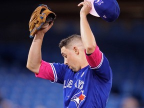 Blue Jays pitcher Aaron Sanchez reacts in the fourth inning during MLB action against the White Sox at Rogers Centre in Toronto on Sunday, May 12, 2019.