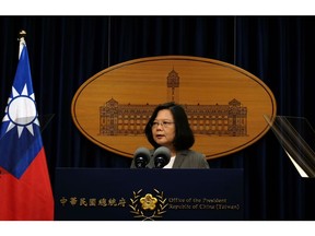 Taiwan's President Tsai Ing-wen speaks at the Presidential Office in Taipei on June 13, 2017.