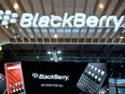 The BlackBerry logo is displayed at the Mobile World Congress (MWC) in Barcelona on Feb. 27, 2019.