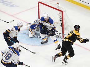 Jordan Binnington of the St. Louis Blues reacts after allowing a third period goal to Sean Kuraly of the Boston Bruins in Game One of the 2019 NHL Stanley Cup Final at TD Garden on May 27, 2019 in Boston.