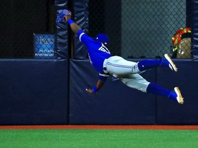 Blue Jays’ centre fielder Jonathan Davis makes a diving catch during the first inning against the Tampa Bay Rays on Wednesday night at Tropicana Field in St Petersburg. (GETTY IMAGES)