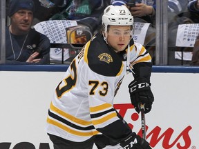 Bruins defenceman Charlie McAvoy warms up prior to action against the Maple Leafs in Game 3 of the NHL's Eastern Conference First Round playoff series in Toronto on April 15, 2019.