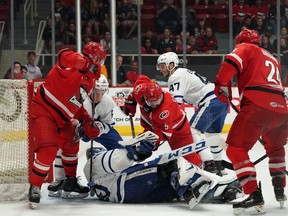 Saturday night’s comeback win for the Checkers was tough for the Marlies, but coach Sheldon Keefe says it’s important to keep it in perspective. They’re in a best-of-five with home-ice advantage. (Photo courtesy of Charlotte  Checkers)