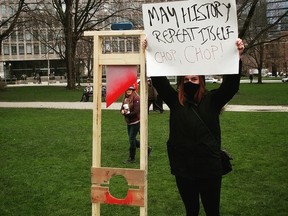 A May Day protester poses with a sign and guillotine at Queen's Park on Wednesday, May 1 2019.