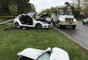 A white Mercedes is seen after three teens were extricated from the car following a deadly crash on Brimley Rd. in Scarborough early May 10, 2019. TrafficServices/Twitter