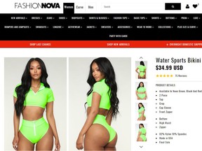 A swimsuit available on the Fashion Nova website contains a cancer warning tag. (Fashion Nova)