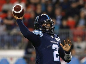 Toronto Argonauts quarterback James Franklin prepares to make a throw during the second half of CFL football game action against the Calgary Stampeders in Toronto on June 23, 2018.