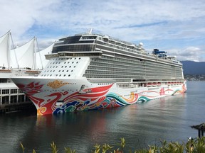 The Norwegian Joy, seen docked in Vancouver before its recent inaugural U.S. cruise, has begun cruising from Seattle to Alaska. (Cynthia McLeod)