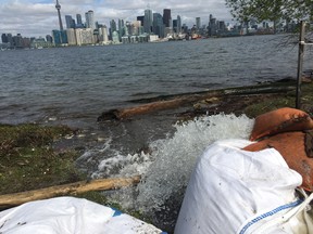 Sandbags line the shore as parts of the Toronto Islands face flooding on Friday, May 24, 2019. (Kevin Connor/Toronto Sun)