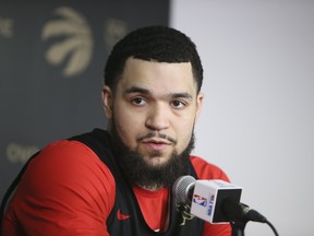 The Raptors' Fred VanVleet answers questions from the media after practice on Tuesday. (Veronica Henri/Toronto Sun)