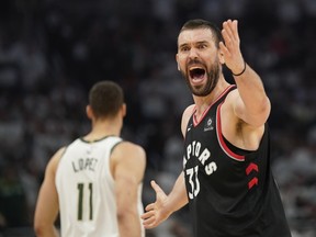 Raptors’ Marc Gasol expresses his displeasure over a call during the first half of Game 1 against the Bucks on Wednesday in Milwaukee (AP PHOTO)