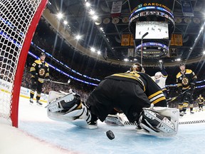 Tuukka Rask of the Boston Bruins allows the game-winning goal to Carl Gunnarsson of the St. Louis Blues during the first overtime period to give the win in Game 2 of the 2019 NHL Stanley Cup Final at TD Garden on May 29, 2019 in Boston.