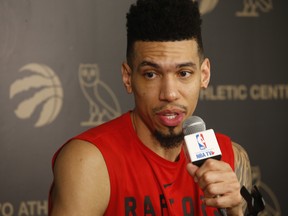 The Raptors' Danny Green speaks to media on Monday at OVO Athletic Centre. (Jack Boland/Toronto Sun)