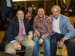 Paul (right) and Gina Godfrey pose for a photo with Herbie Quinones and Dr. Robert Filler, as they are honoured during the Beyond Boundless 40th anniversary fundraising concert for Sick Kids hospital's Herbie Fund at Koerner Hall in Toronto, Ont., on Friday, May 24, 2019. (Ernest Doroszuk/Toronto Sun/Postmedia)