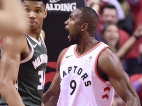 Toronto Raptors centre Serge Ibaka reacts in Game 4 on Tuesday. THE CANADIAN PRESS